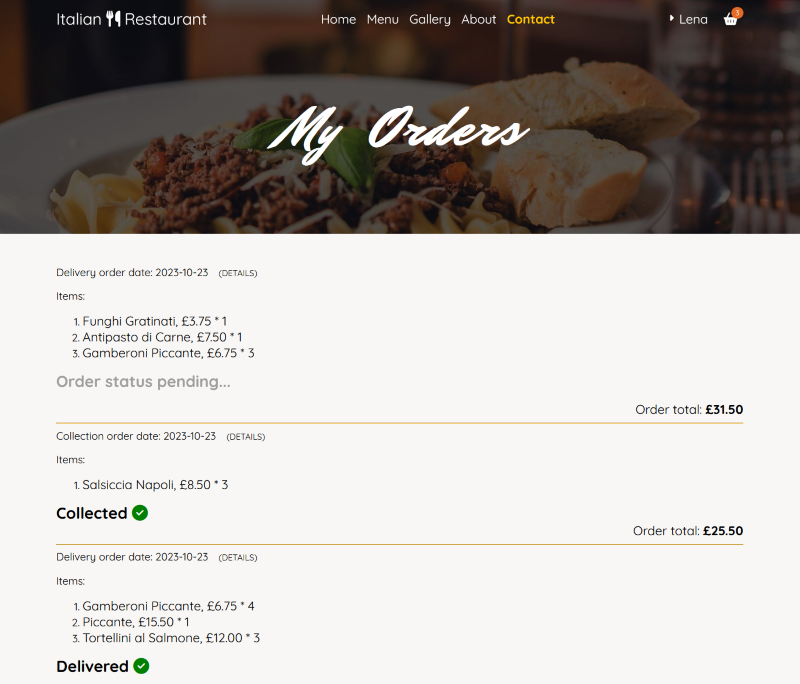 user orders screenshot