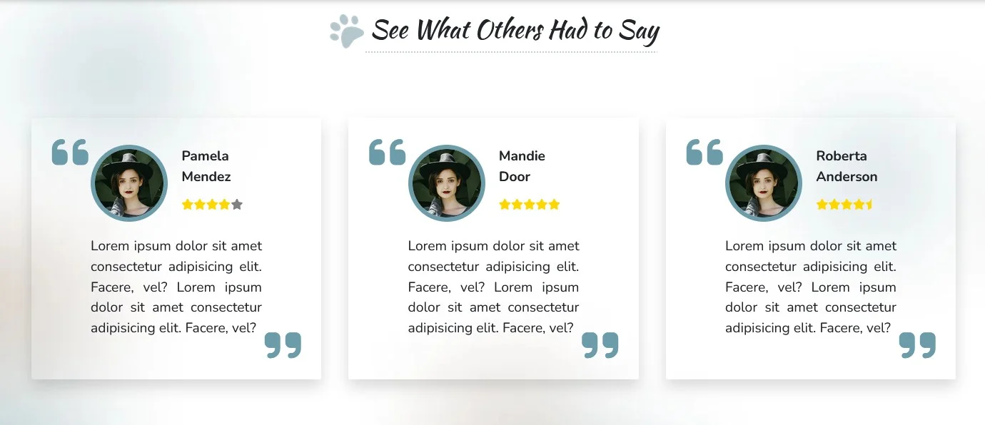 Screenshot of Testimonials section on lc-animalcare.co.uk website